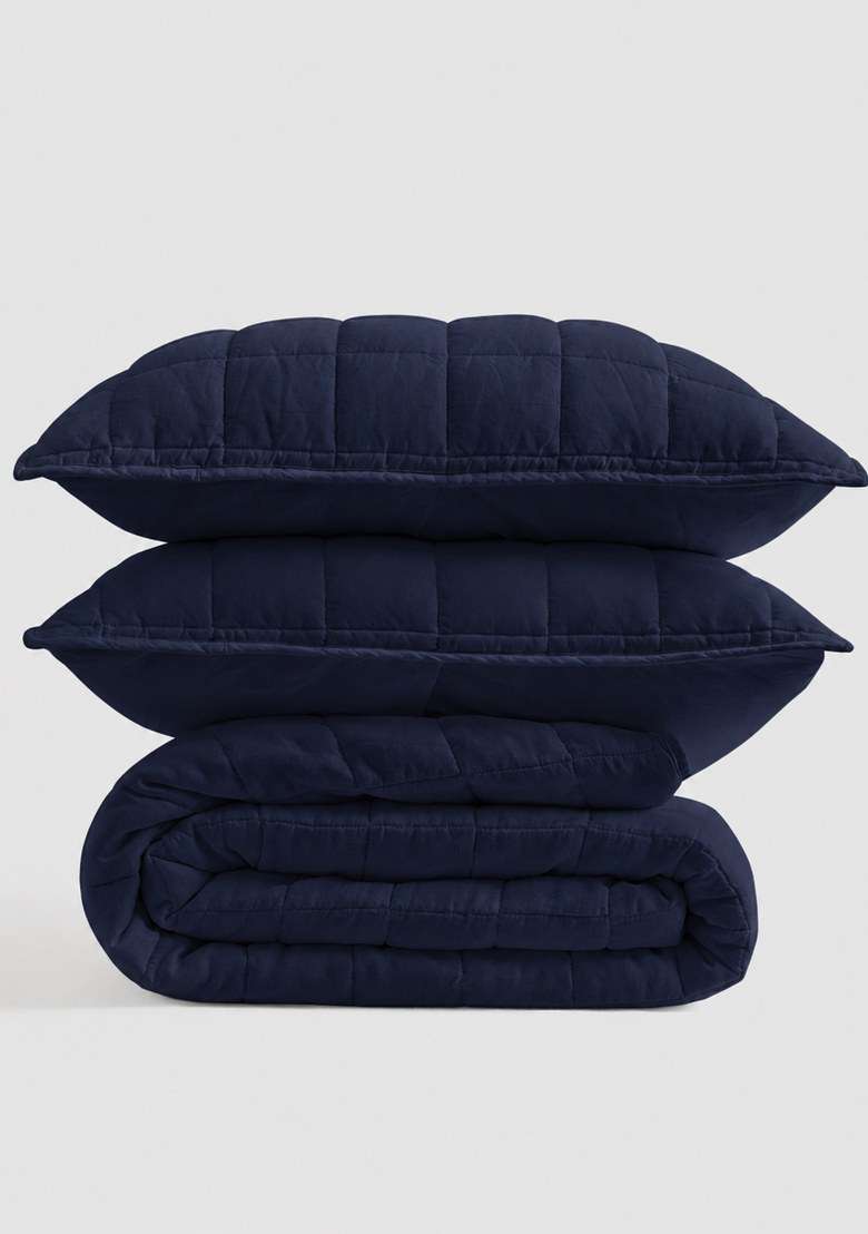 Navy European Linen Box Quilt Set - Indya