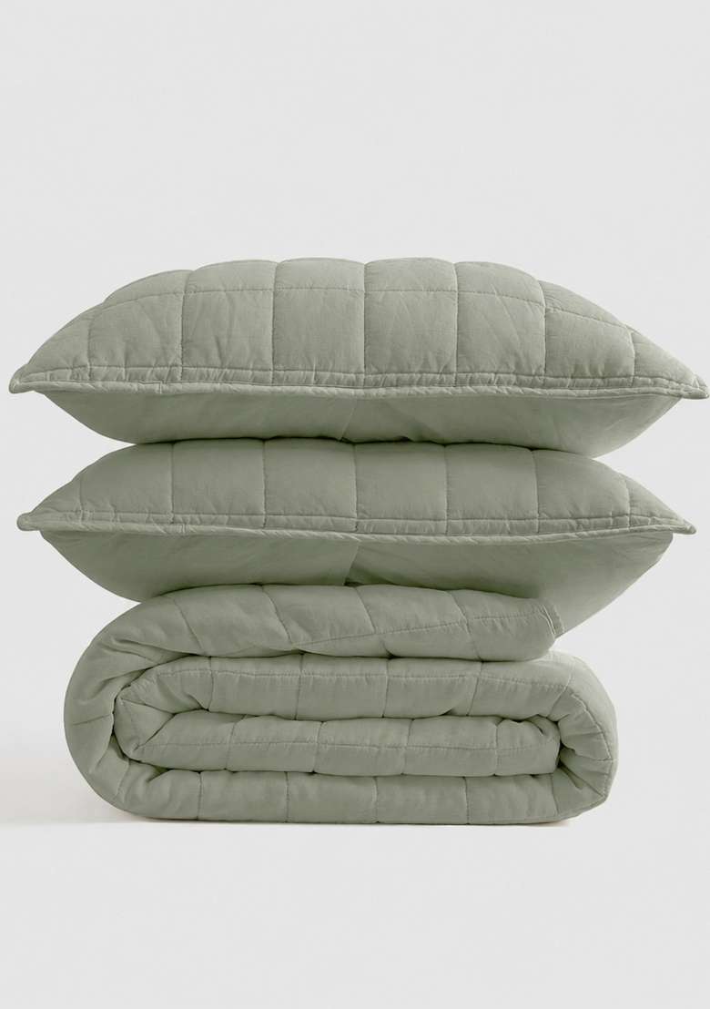Olive European Linen Box Quilt Set - Indya