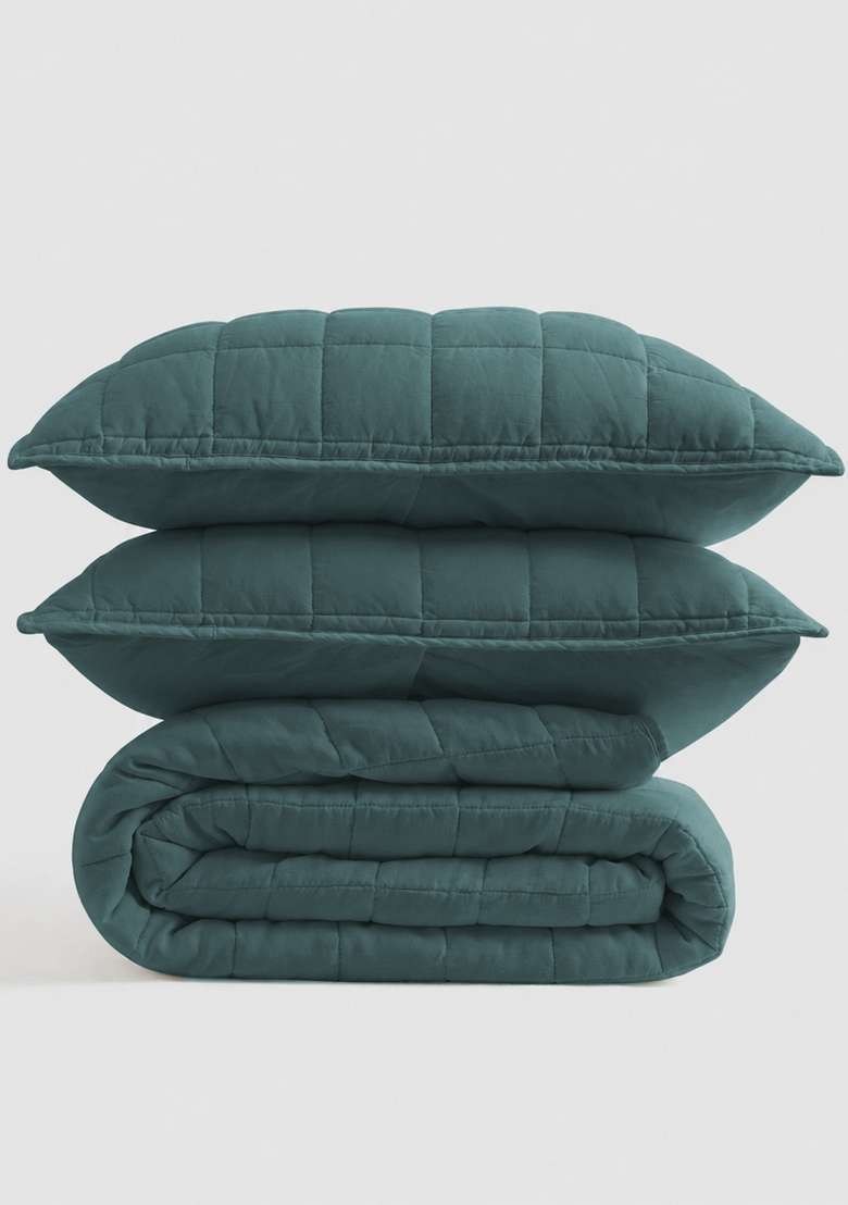 Aqua European Linen Box Quilt Set - Indya