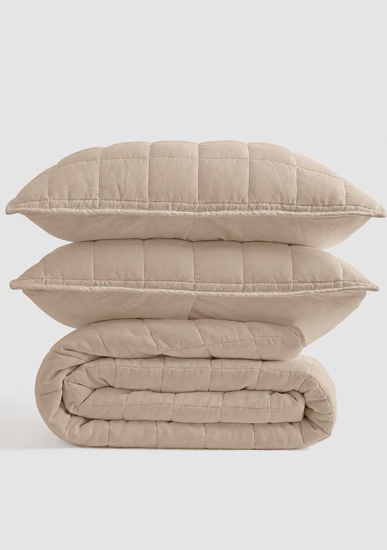 Tan European Linen Box Quilt Set - Indya