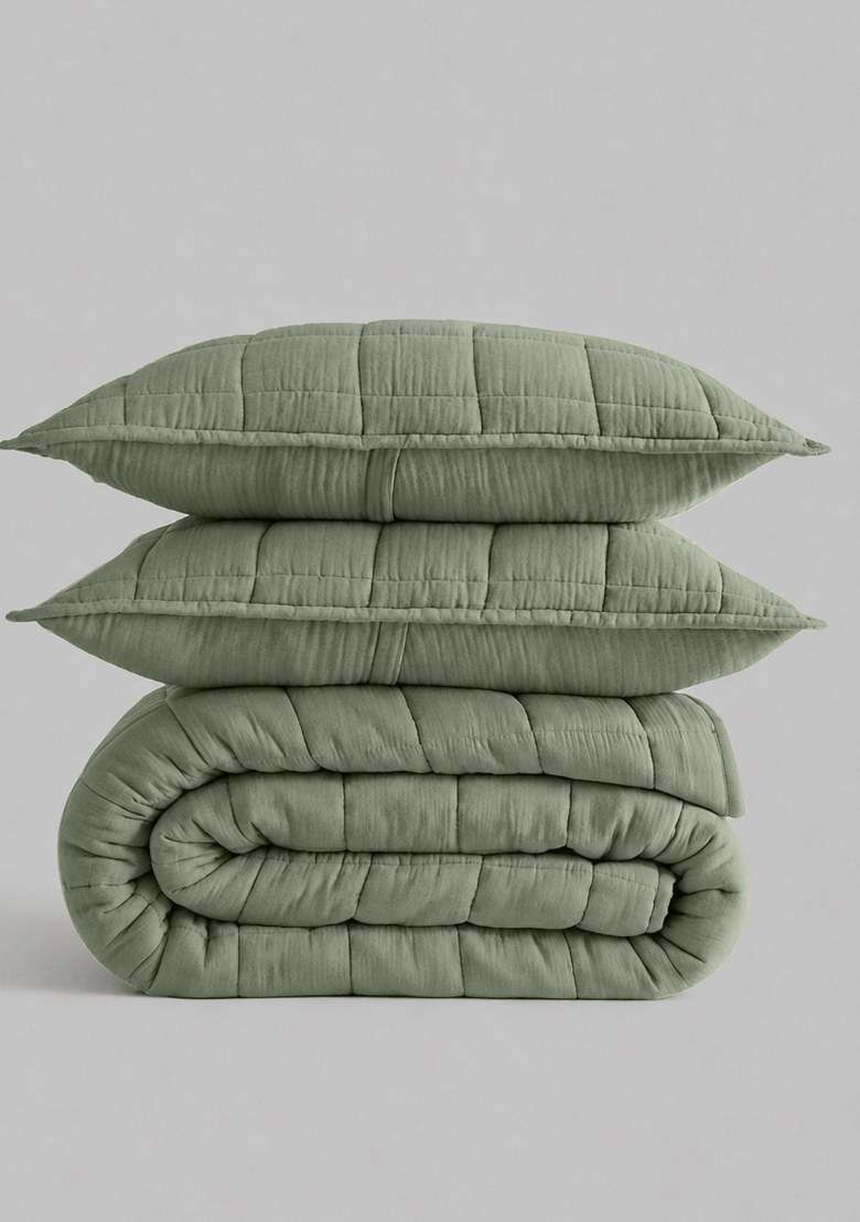 Dried Sage Organic Cotton Gauze Box Quilt Set - Indya