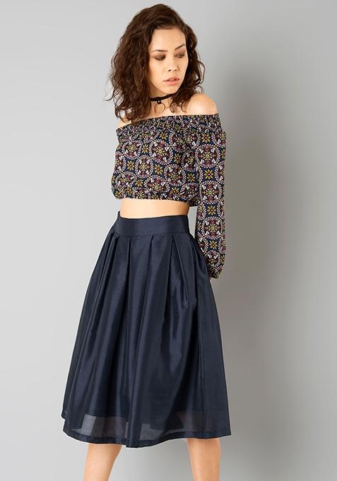Glam Girl Silk Midi Skirt - Navy