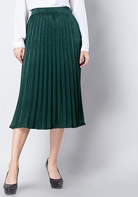Green Satin Pleated Midi Skirt 