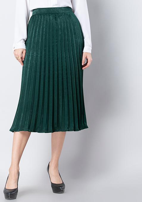 Buy Women Green Satin Pleated Midi Skirt - Midi Skirts Online India ...