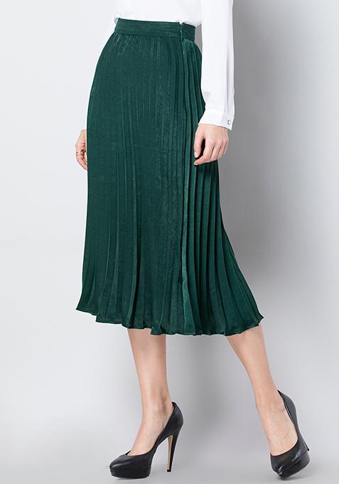 Buy Women Green Satin Pleated Midi Skirt - Midi Skirts Online India ...
