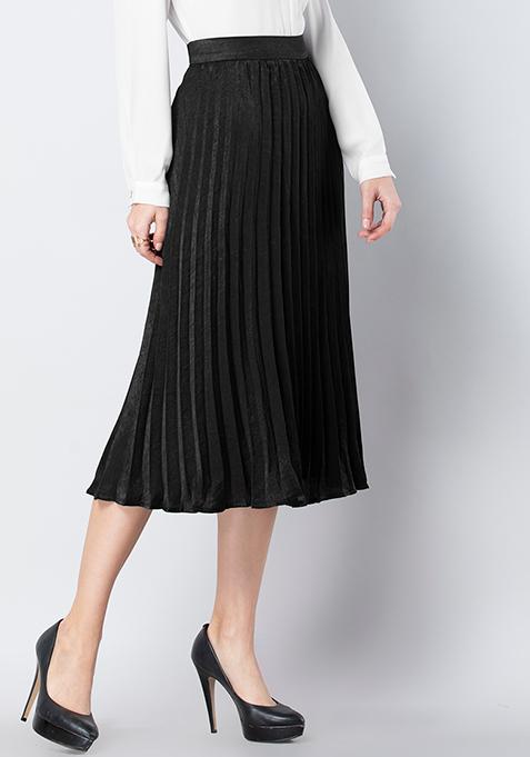 Buy Women Black Pleated Satin Midi Skirt - Trends Online India - FabAlley
