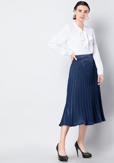 Buy Women Navy Satin Pleated Midi Skirt - Trends Online India - FabAlley