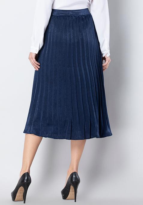 Buy Women Navy Satin Pleated Midi Skirt - Trends Online India - FabAlley