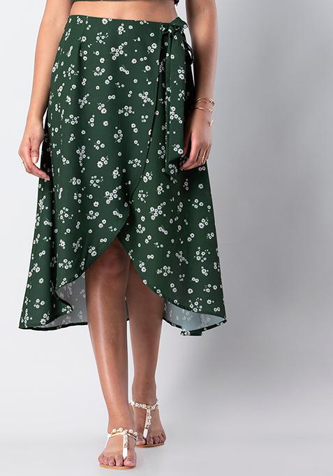 Green Ditsy Floral Wrap Midi Skirt