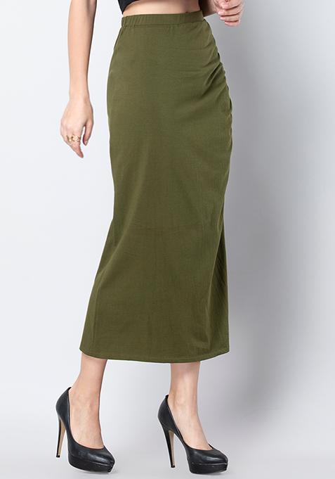 Buy Women Olive Jersey Ruched Long Skirt - Maxi Skirts Online India ...