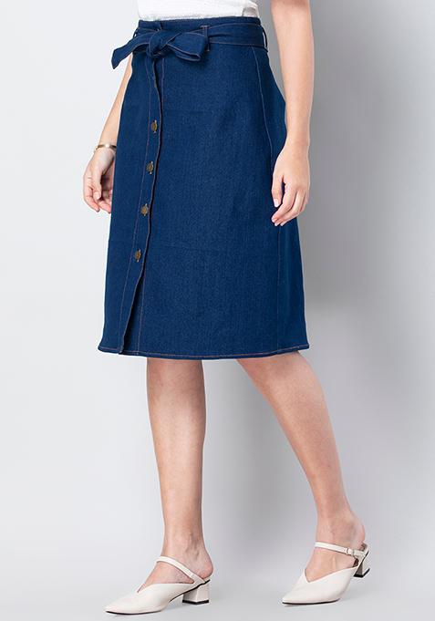 Buy Women Blue Denim Button Down Midi Skirt - Mini Skirts Online India ...