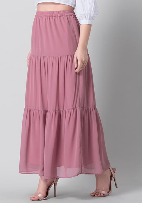 Buy Women Dusty Pink Tiered Maxi Skirt - Fab Fits All Online India ...