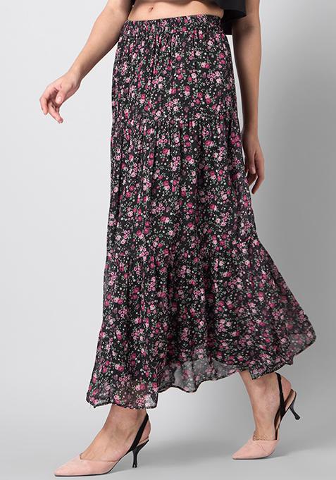 Buy Women Black Floral Tiered Maxi Skirt - Fab-All-Ex-designers Online ...