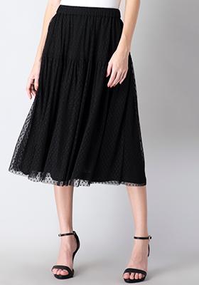 Black Textured Mesh A Line Midi Skirt 