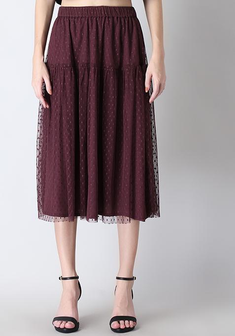 Wine Textured Mesh A Line Midi Skirt 