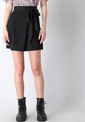 Black Belted A Line Mini Skirt 