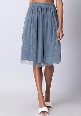Blue Mesh Dotted Midi Skirt 