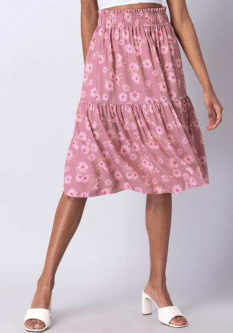 Dusty Pink Floral Midi Skirt 