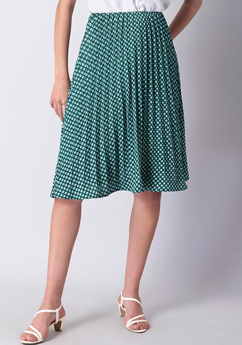 Green Pleated Satin Abstract Midi Skirt 