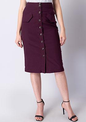 Purple Buttoned High Waist Pencil Skirt 