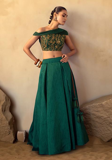 Deep Green Pleated Lehenga Set With Floral Hand Embroidered Blouse