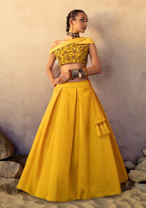 Yellow Pleated Lehenga Set With Floral Hand Embroidered Blouse