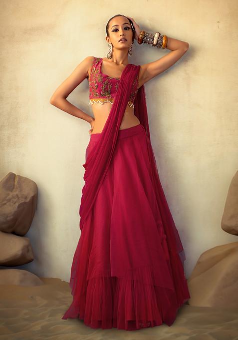Pink Lehenga Set With Hand Embroidered Blouse And Attached Drape