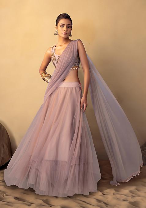 Blush Pink Lehenga Set With Hand Embroidered Blouse And Attached Drape