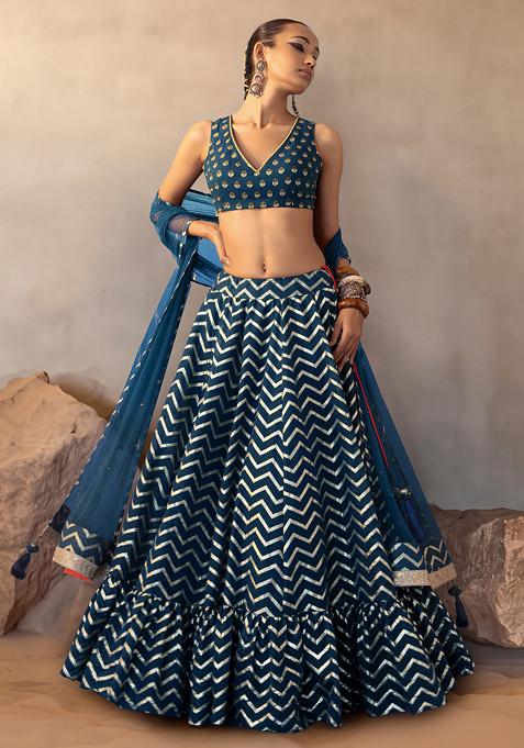 Teal Chevron Lehenga Set With Embroidered Blouse And Mesh Dupatta
