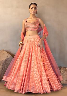 Orange Jacquard Chanderi Lehenga Set With Embroidered Blouse And Mesh Dupatta