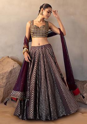 Purple Jacquard Chanderi Lehenga Set With Embroidered Blouse And Mesh Dupatta