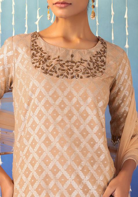 Women Chanderi Kurta Palazzo Dupatta Set