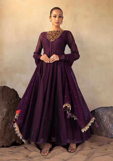 Purple Floral Hand Embroidered Anarkali Suit Set With Churidar And Dupatta