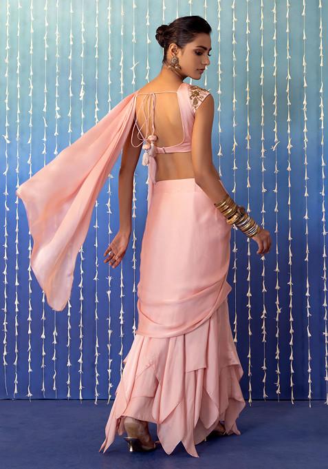 Blush Pink Fancy Semi Silk Saree With Stitched Work Blouse main image 0