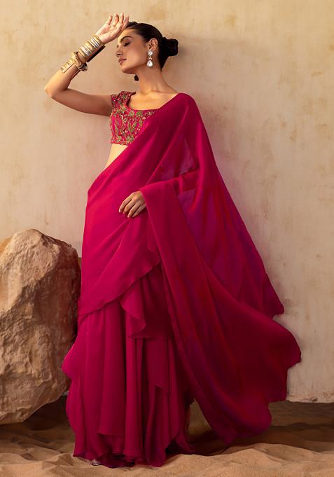 Dark Pink Ruffled Pre-Stitched Saree Set With Floral Embroidered Blouse