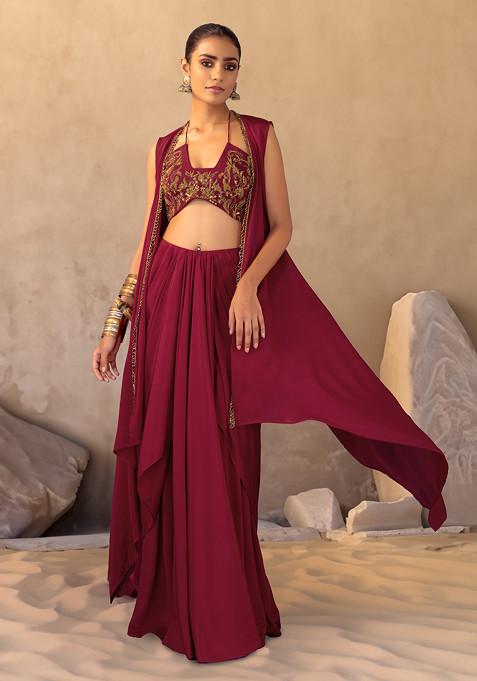 Maroon Jacket Set With Floral Embroidered Strappy Blouse And Draped Skirt