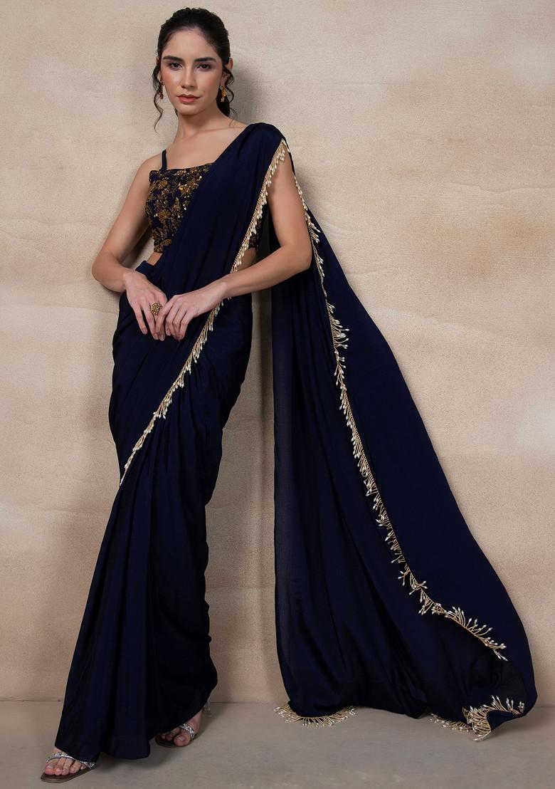 Buy Women Navy Blue Pre-Stitched Saree Set With Floral Embroidered ...