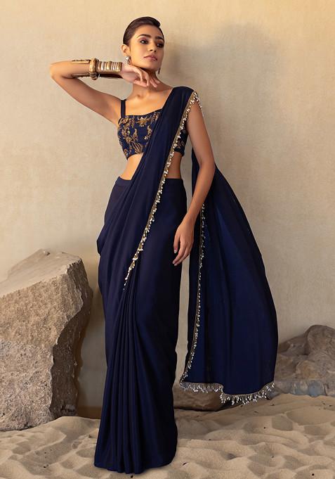 Navy Blue Pre-Stitched Saree Set With Floral Embroidered Strappy Blouse