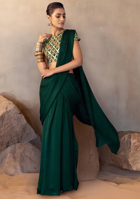 Green Pre-Stitched Saree Set With Hand Embroidered Blouse