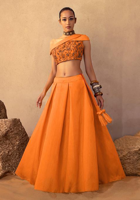 Orange Pleated Lehenga Set With Floral Hand Embroidered Blouse