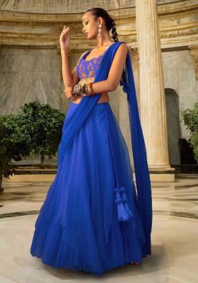 Blue Lehenga Set With Hand Embroidered Blouse And Attached Drape