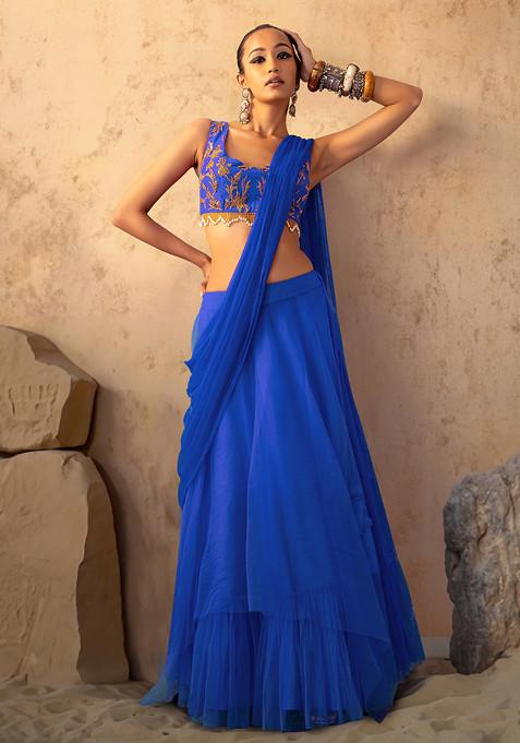 Blue Lehenga Set With Hand Embroidered Blouse And Attached Drape