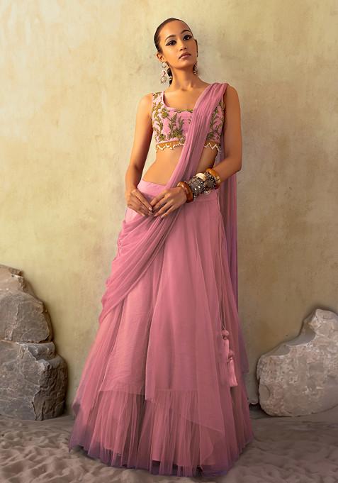 Onion Pink Lehenga Set With Hand Embroidered Blouse And Attached Drape