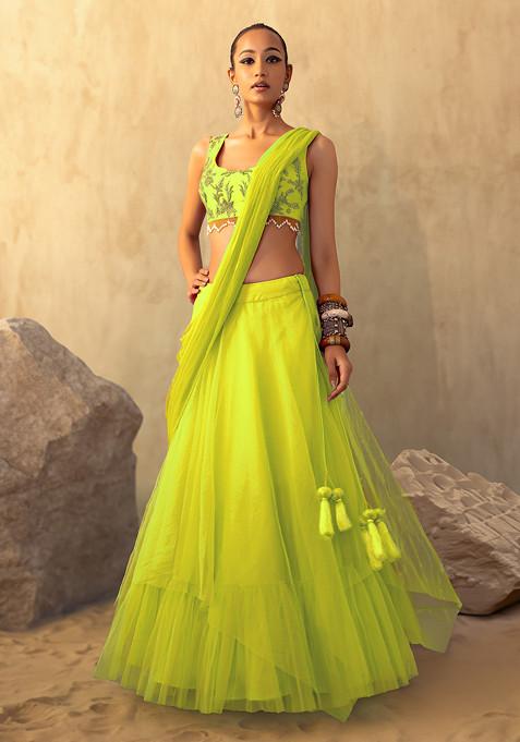 Lime Green Lehenga Set With Hand Embroidered Blouse And Attached Drape