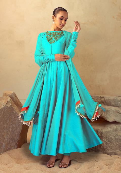 Blue Floral Hand Embroidered Anarkali Suit Set With Churidar And Dupatta