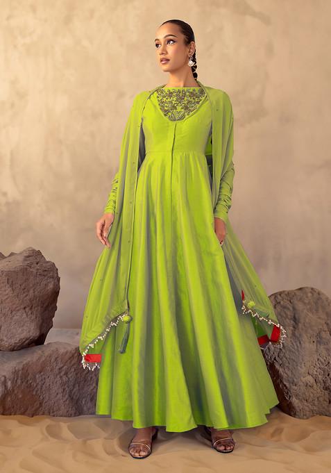 Lime Green Floral Hand Embroidered Anarkali Suit Set With Churidar And Dupatta