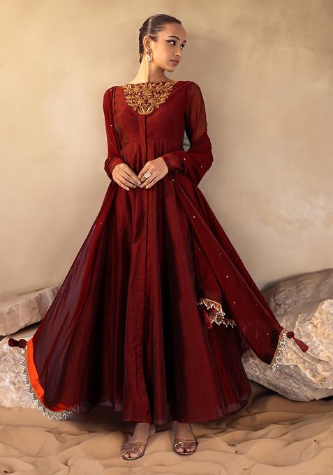 Maroon Floral Hand Embroidered Anarkali Suit Set With Churidar And Dupatta