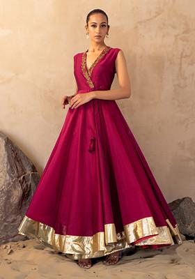 Rani Pink Floral Embroidered Angrakha Anarkali Kurta Set With Churidar