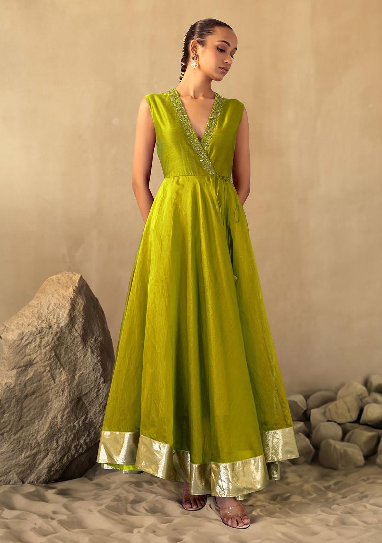 Buy Women Olive Green Floral Print Cotton Tiered Dress - Feed-Kurtas - Indya