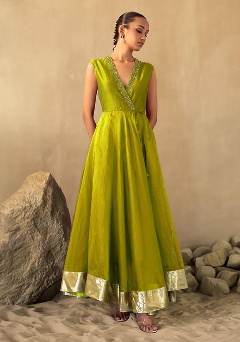 Olive Green Floral Embroidered Angrakha Anarkali Kurta Set With Churidar